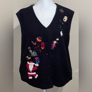 Bechamel Vintage Women’s Size L Christmas Black Fleece Vest Ugly Sweater Santa
